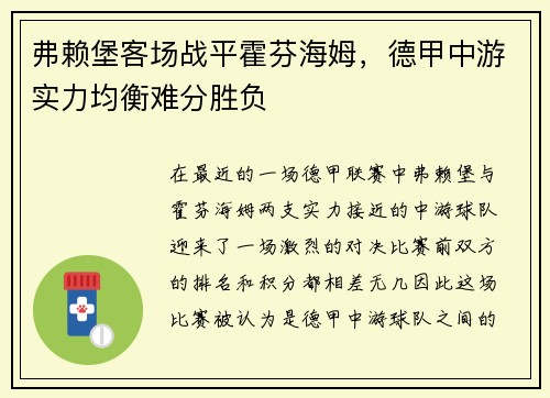 弗赖堡客场战平霍芬海姆，德甲中游实力均衡难分胜负