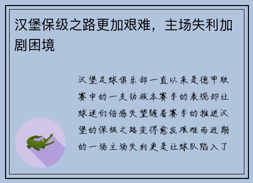 汉堡保级之路更加艰难，主场失利加剧困境