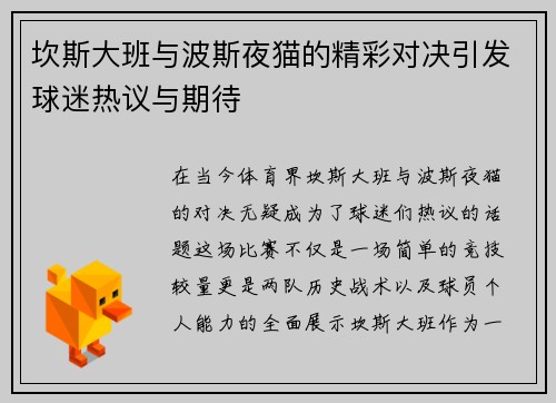 坎斯大班与波斯夜猫的精彩对决引发球迷热议与期待