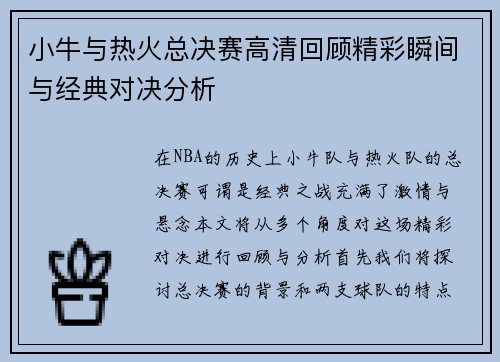 小牛与热火总决赛高清回顾精彩瞬间与经典对决分析
