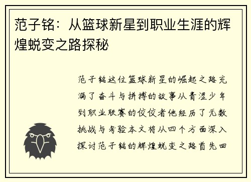 范子铭：从篮球新星到职业生涯的辉煌蜕变之路探秘