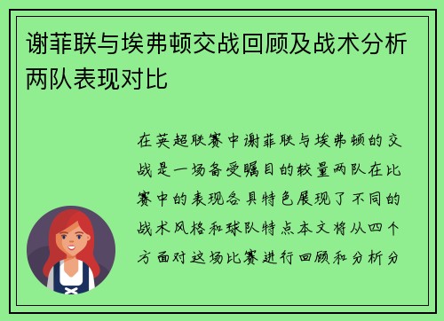 谢菲联与埃弗顿交战回顾及战术分析两队表现对比