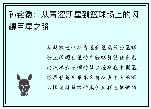 孙铭徽：从青涩新星到篮球场上的闪耀巨星之路