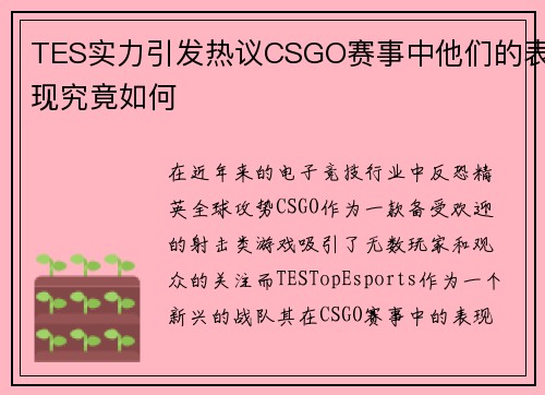 TES实力引发热议CSGO赛事中他们的表现究竟如何