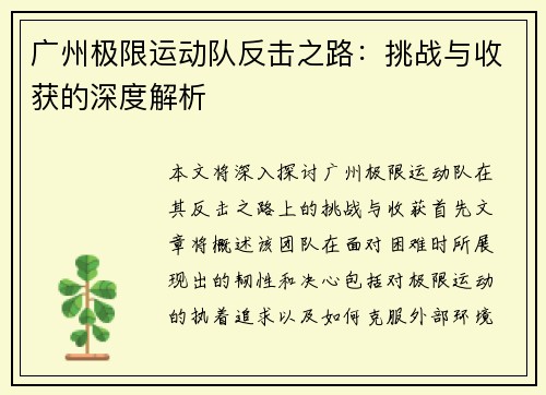 广州极限运动队反击之路：挑战与收获的深度解析