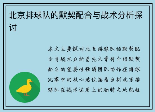 北京排球队的默契配合与战术分析探讨