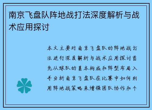 南京飞盘队阵地战打法深度解析与战术应用探讨