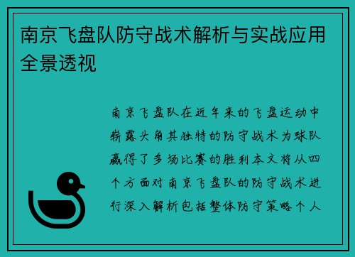 南京飞盘队防守战术解析与实战应用全景透视